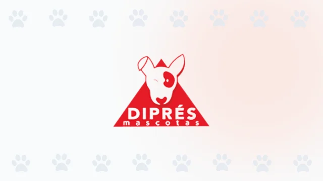 Logo de Diprés Mascotas en Cali, con un perro de estilo bull terrier en color rojo.