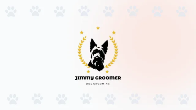 Logo de Jimmy Groomer, especialista en dog grooming en Cali, con un perro Schnauzer en una corona de laurel dorada.