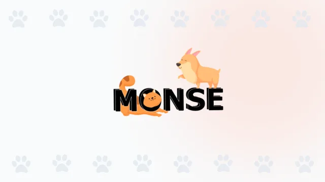 Logo de Monse Petshop en Cali, con un gato y un perro Corgi jugando sobre el nombre de la tienda.