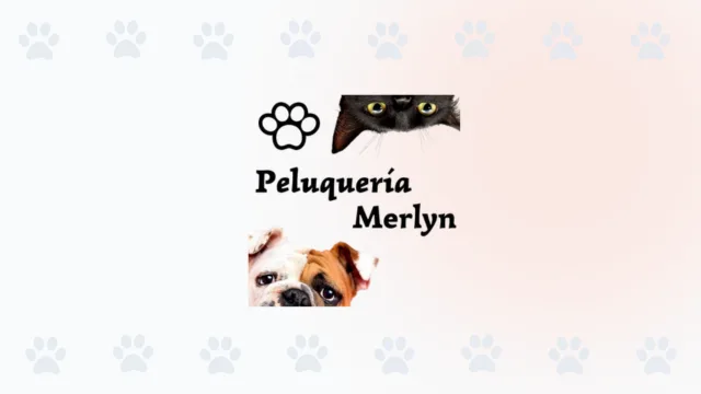 Logo de Peluquería Merlyn en Cali, con un gato negro y un perro Bulldog asomándose.