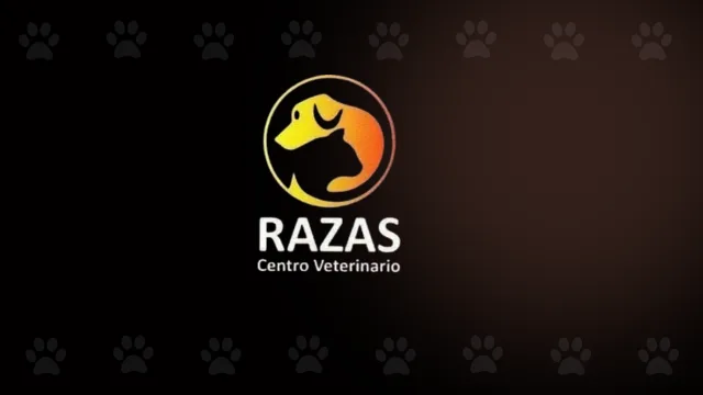 Logo de Razas Centro Veterinario en Cali, con la silueta de un perro y un gato en un círculo naranja.