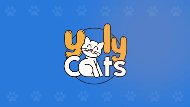 Logo de Yoly Cats, especialistas en adiestramiento y comportamiento felino en Cali, con una caricatura de un gato blanco sonriente.
