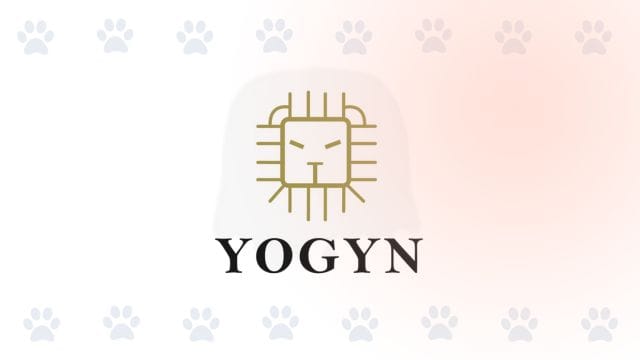 Logo de Yogyn Colchonetas sobre un fondo decorativo con huellas de mascota para PubliPet.