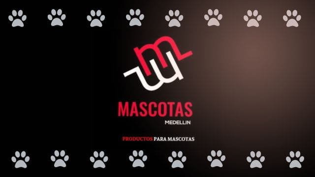 Logo de Mascotas Medellin sobre un fondo decorativo con huellas de mascota para PubliPet.