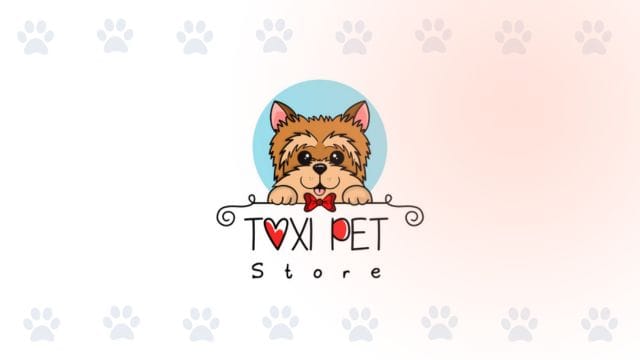 Logo de Toxi Pet Store sobre un fondo decorativo con huellas de mascota para PubliPet.