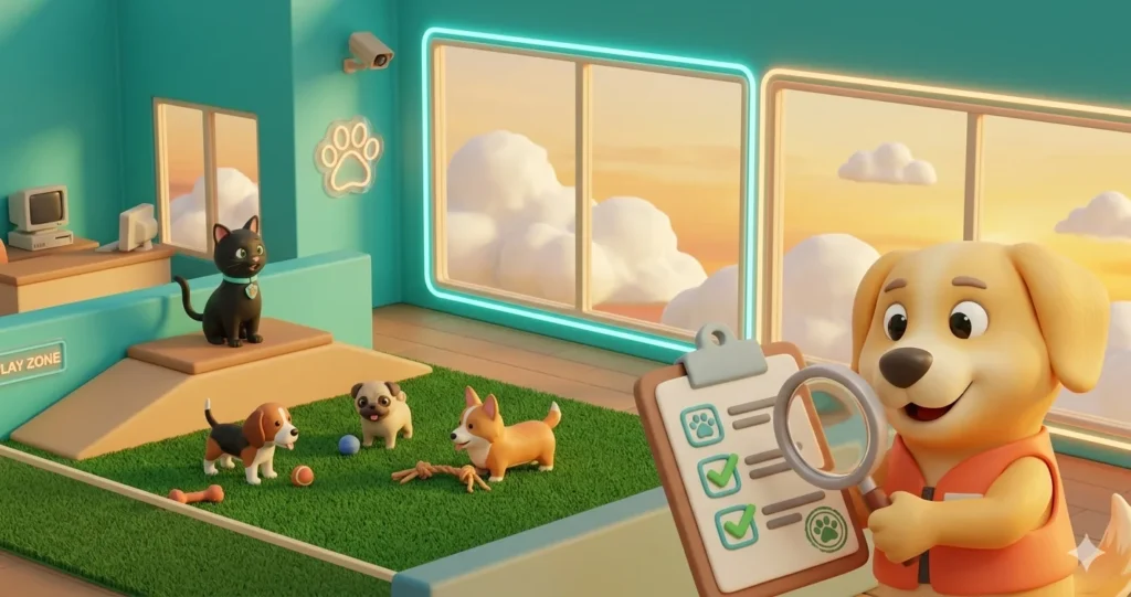 Elegir guardería canina: Dogui de PubliPet inspeccionando la seguridad.