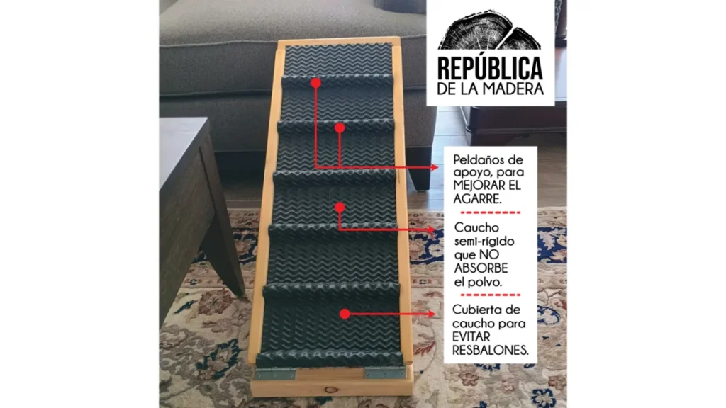 Rampa ergonómica de madera para prevención de lesiones articulares en perros en Bogotá de República de la Madera.