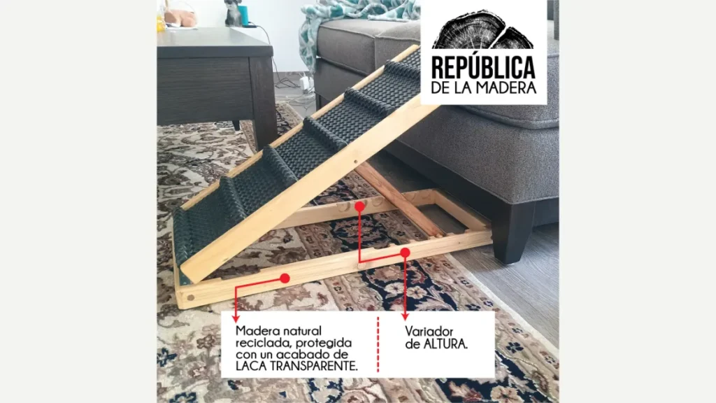 Detalle de acabados en rampas de madera personalizadas para mascotas en Bogotá de República de la Madera.