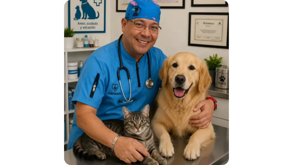 Profesional veterinario con un perro y un gato