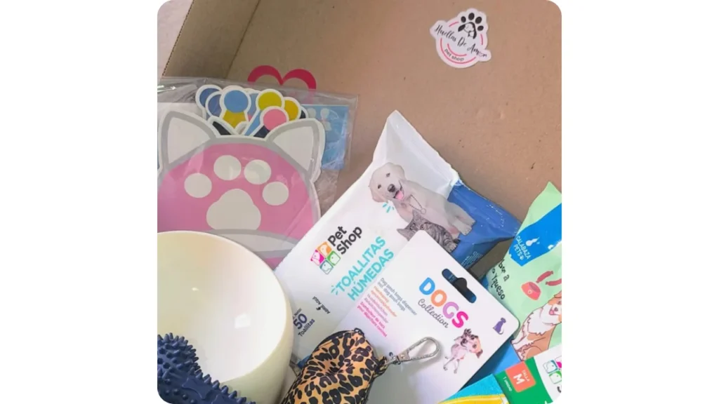 caja sorpresa accesorios mascotas cali huellas amor Tazón, toallitas húmedas y accesorios de higiene en caja regalo Huellas de Amor Cali