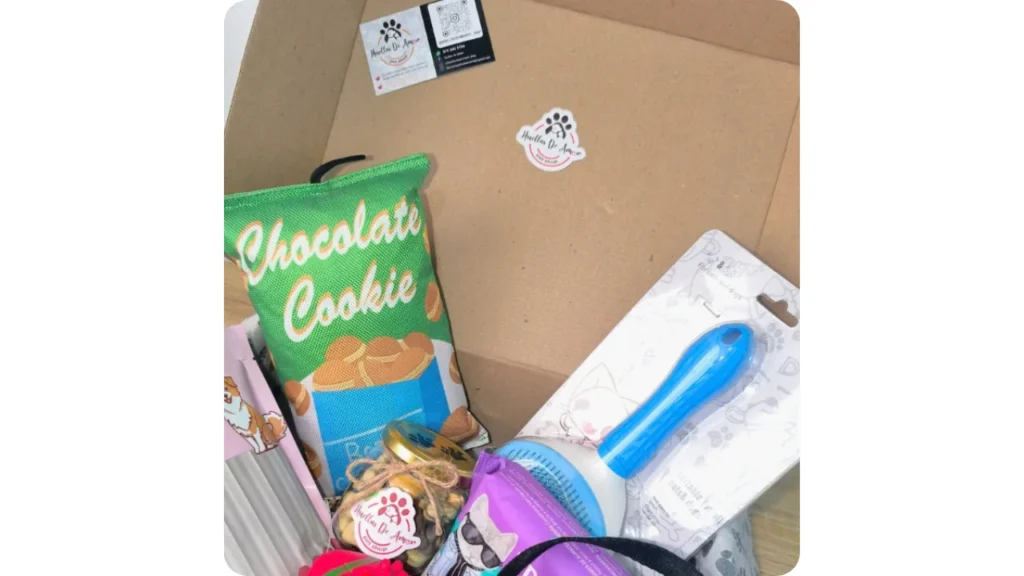 suscripcion mensual regalos mascotas cali huellas amor Peluche en forma de galleta, cepillo de aseo y snacks en caja regalo Huellas de Amor Cali